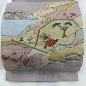 袋帯 名品 松 草花 金糸 箔 灰紫 お太鼓柄 正絹 【中古】