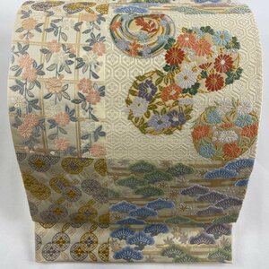 袋帯 名品 花丸文 松 唐織 箔 ベージュ 六通 正絹 【中古】