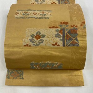 開き名古屋帯 優品 草花 花唐草 箔 金糸 金色 正絹 【中古】