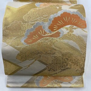 袋帯 名品 落款 川島織物 笠松 華文 金銀糸 箔 ベージュ 六通 正絹 【中古】