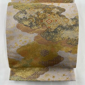 袋帯 美品 秀品 華文 亀甲花菱 箔 金糸 薄紫 六通 正絹 【中古】