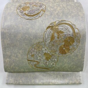 袋帯 美品 秀品 花鳥 雪輪 金銀糸 箔 銀色 お太鼓柄 正絹 【中古】