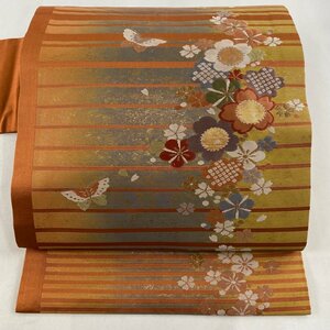 名古屋帯 優品 蝶 花 箔 金糸 赤茶 正絹 【中古】