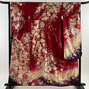 振袖 身丈160.5cm 裄丈66.5cm M 袷 キラキラ 御所車 草花 箔 銀通し 茜色 正絹 美品 逸品 【中古】