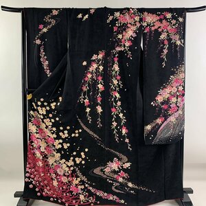 振袖 身丈166.5cm 裄丈68cm L 袷 桜 乱菊 金彩 黒 正絹 美品 名品 【中古】