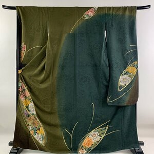 振袖 身丈169cm 裄丈69cm L 袷 草花 箔 金彩 茶緑色 正絹 名品 【中古】