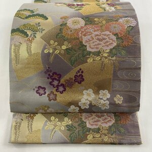 袋帯 美品 秀品 扇面 草花 金糸 箔 灰紫 六通 正絹 【中古】