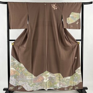 訪問着 身丈158.5cm 裄丈64.5cm M 袷 落款 松竹梅 菊 茶色 正絹 名品 一つ紋 【中古】