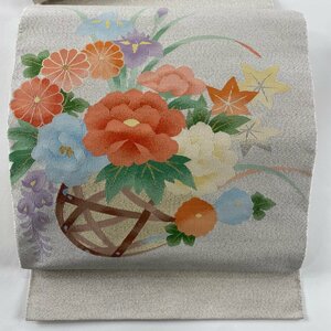 名古屋帯 美品 秀品 八寸名古屋帯 松葉仕立て 花籠 草花 金銀糸 銀色 正絹 【中古】