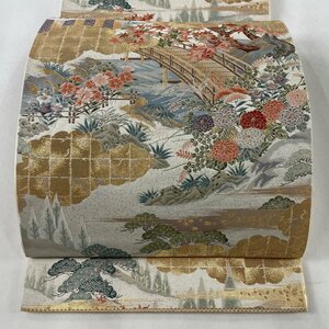 袋帯 美品 秀品 庭園山水図 庭園 草花 金糸 箔 灰白 六通 正絹 【中古】