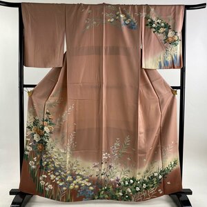 訪問着 身丈162.5cm 裄丈68.5cm L 袷 牡丹 菊 ぼかし 薄紅色 正絹 秀品 【中古】