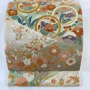 袋帯 美品 秀品 鎌倉文 草花 金糸 箔 ベージュ 六通 正絹 【中古】