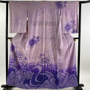 訪問着 身丈161cm 裄丈62cm S 袷 菊 流水 総絞り 紫 正絹 美品 秀品 【中古】