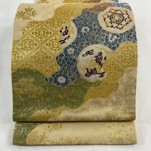 袋帯 美品 秀品 宮廷瑞祥 道長取 草花 きんbんし 箔 ベージュ 六通 正絹 【中古】