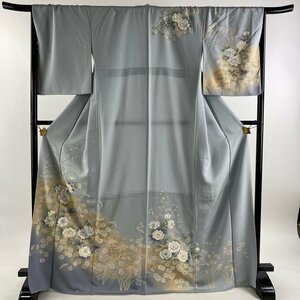 訪問着 身丈170cm 裄丈70cm L 袷 枝花 草花 金銀彩 ぼかし 青灰色 正絹 秀品 【中古】