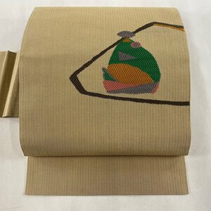 名古屋帯 美品 優品 八寸名古屋帯 幾何学 銀糸 唐織 山吹茶色 正絹 【中古】