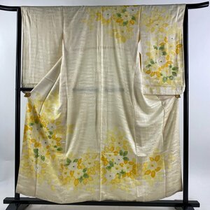 訪問着 身丈157.5cm 裄丈64.5cm L 袷 草花 銀彩 クリーム 正絹 優品 【中古】