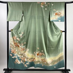 訪問着 身丈155cm 裄丈64cm M 袷 扇面 草花 金彩 染め分け 薄緑 正絹 美品 秀品 【中古】