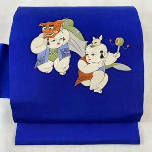 名古屋帯 優品 人物 獅子舞 金彩 紺色 正絹 【中古】