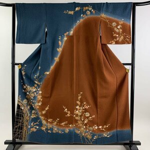 訪問着 身丈157cm 裄丈64cm M 袷 糸巻き 菊 金彩 藍色 正絹 秀品 【中古】