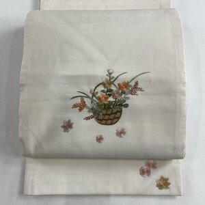 袋帯 秀品 花籠 刺繍 クリーム お太鼓柄 正絹 【中古】