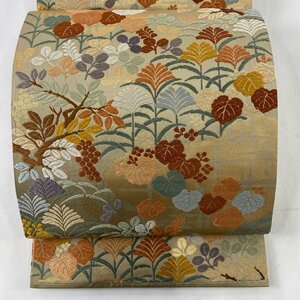 袋帯 美品 秀品 雲取蔦秋草文 唐織 箔 薄茶色 六通 正絹 【中古】