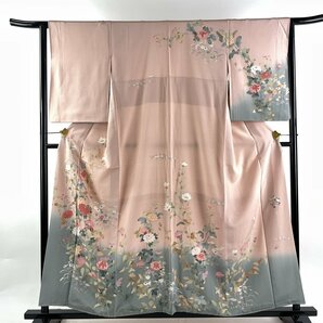 訪問着 身丈158cm 裄丈63.5cm S 袷 落款 菊 草花 ぼかし ピンク 正絹 秀品 【中古】の画像1