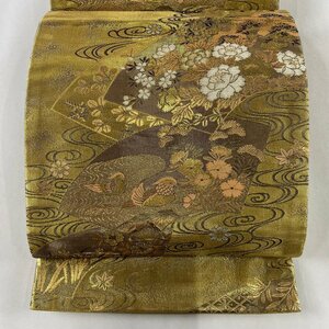 袋帯 美品 秀品 扇面 花鳥 金銀糸 箔 金色 六通 正絹 【中古】