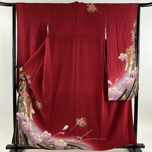 振袖 身丈158cm 裄丈64cm M 袷 簪 御所車 金彩 ぼかし 赤 正絹 美品 秀品 【中古】