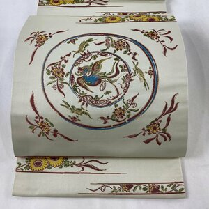 袋帯 美品 逸品 落款 龍村晋 頴川花鳥文錦 箔 ベージュ 全通 正絹 【中古】