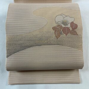 名古屋帯 秀品 夏帯 絽 八寸名古屋帯 椿 霞 箔 ピンクベージュ 正絹 【中古】