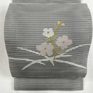 名古屋帯 美品 秀品 八寸名古屋帯 夏帯 松葉仕立て 草花 金糸 灰色 正絹 【中古】