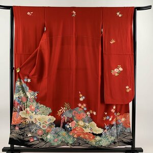 振袖 身丈156.5cm 裄丈63.5cm S 袷 雲文 草花 金彩 染め分け 赤 正絹 美品 秀品 一つ紋 【中古】