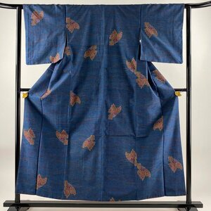 紬 身丈155cm 裄丈62cm S 袷 蝶 幾何学模様 藍色 正絹 美品 優品 【中古】