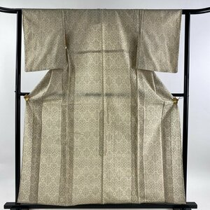 紬 身丈159cm 裄丈61cm S 単衣 幾何学 薄茶色 正絹 優品 【中古】