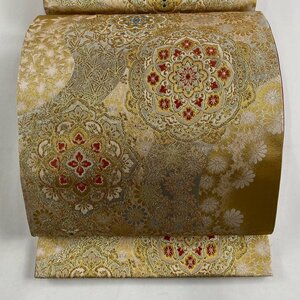 袋帯 美品 秀品 キラキラ 華文 菊 箔 金糸 金色 六通 正絹 【中古】