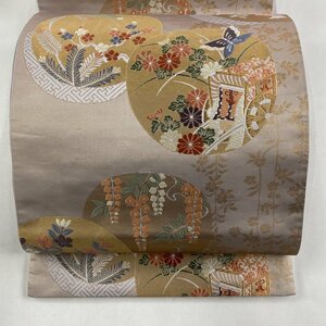 袋帯 美品 秀品 金彩箔錦 団扇巻絵文 金糸 唐織 薄紫 六通 正絹 【中古】