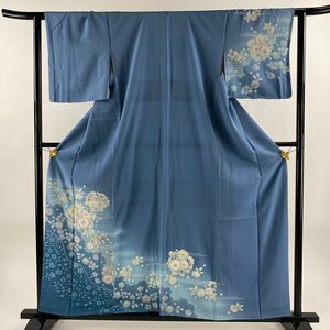 訪問着 身丈160cm 裄丈62cm S 袷 辻が花 ぼかし 青灰色 正絹 美品 名品 【中古】