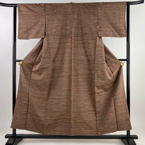 紬 身丈155cm 裄丈62cm S 袷 縞 赤茶 正絹 優品 【中古】