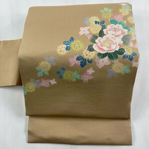 名古屋帯 秀品 落款 草花 薄茶色 正絹 【中古】