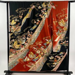 振袖 身丈156.5cm 裄丈62.5cm S 袷 蝶 松竹梅 金糸 金銀彩 黒 正絹 美品 秀品 【中古】