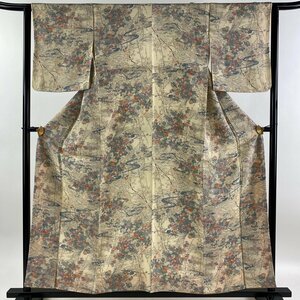 小紋 身丈156cm 裄丈64cm M 袷 草花 流水 縮緬 金彩 クリーム 正絹 美品 優品 【中古】