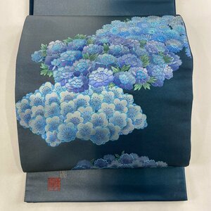 袋帯 逸品 藤林徳扇 落款 桜 ラメ彩 箔 青緑 お太鼓柄 正絹 【中古】