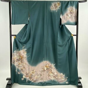 訪問着 身丈170cm 裄丈66cm M 袷 草花 金彩 ぼかし 深緑 正絹 秀品 【中古】