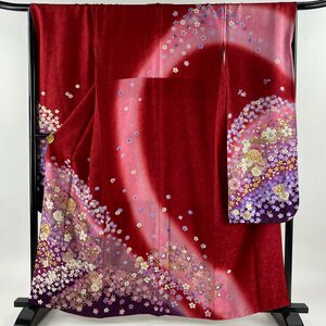 振袖 身丈160cm 裄丈69cm L 袷 キラキラ 桜 鞠 金通し 金彩 赤 正絹 名品 【中古】