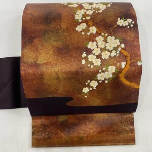 名古屋帯 美品 優品 桜 霞 刺繍 箔 赤茶 正絹 【中古】