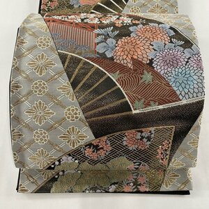 袋帯 美品 秀品 扇 菊 刺繍 金銀糸 金色 六通 正絹 【中古】