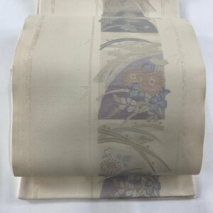 袋帯 秀品 夏帯 絽 菊 萩 銀糸 箔 ベージュ 六通 正絹 【中古】