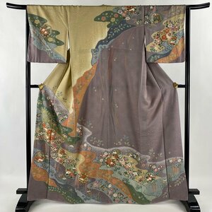 訪問着 身丈165cm 裄丈65.5cm M 袷 雪輪 草花 金彩 ベージュ 正絹 美品 名品 【中古】