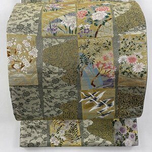 袋帯 美品 秀品 かるた 花鳥 金糸 箔 銀色 六通 正絹 【中古】